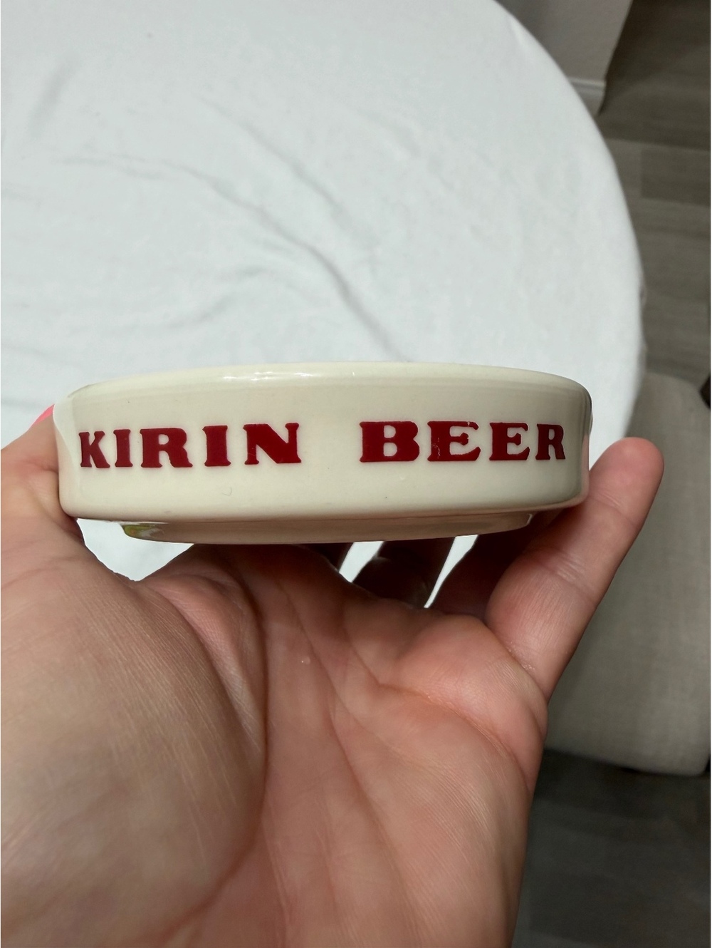 Vintage Kirin Beer Ceramic Advertising Ashtray Red & White Sakura Made in Japan